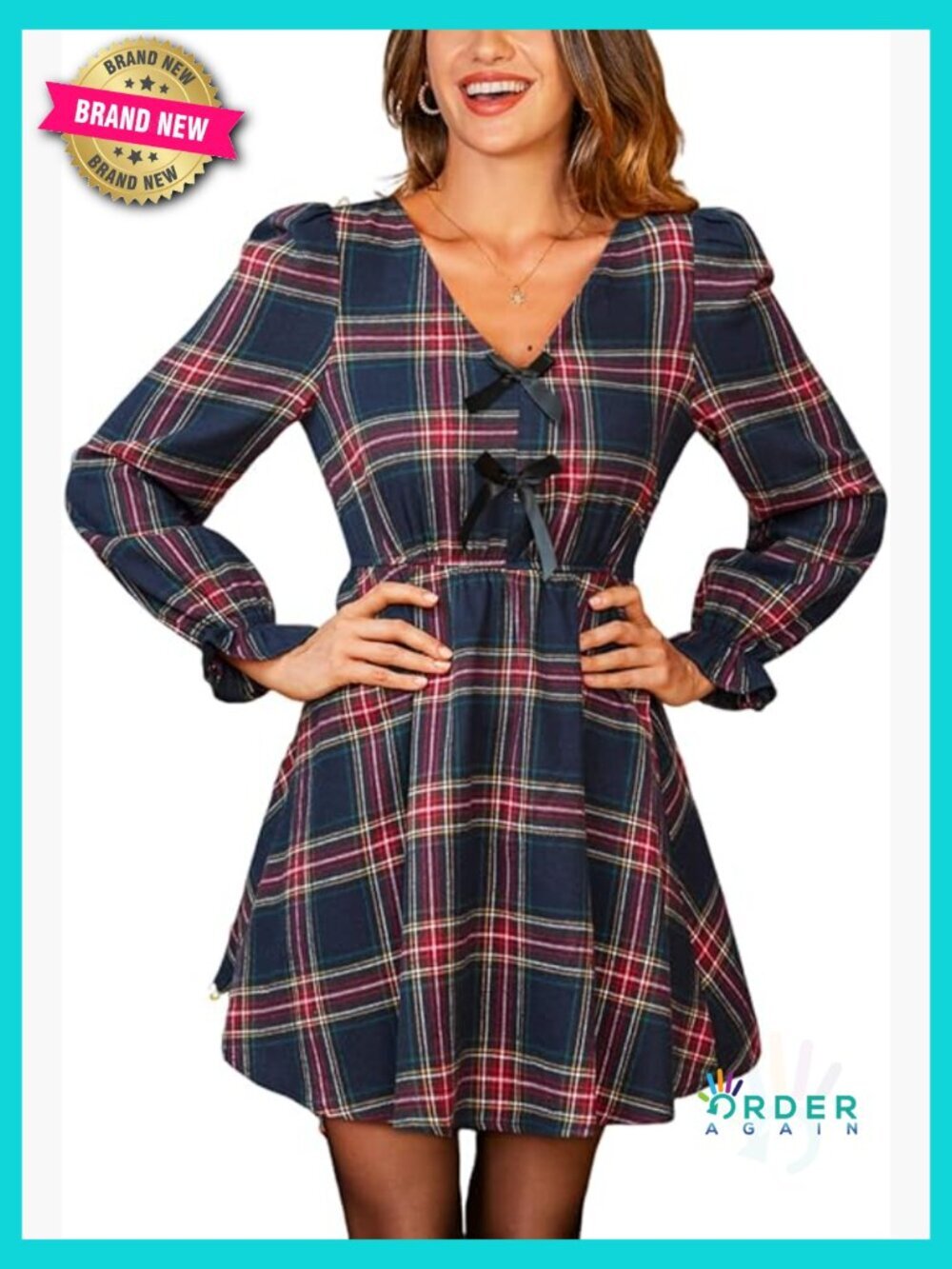 Plaid V Neck Long Sleeve Smocked Babydoll Mini Dress Bowknot